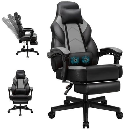 Walsunny Ergonomic Gaming Chair with Adjustable Footrest and Massage Leather Game Chair large gaming chair with Headrest and Lumbar Support for Adults, Gray