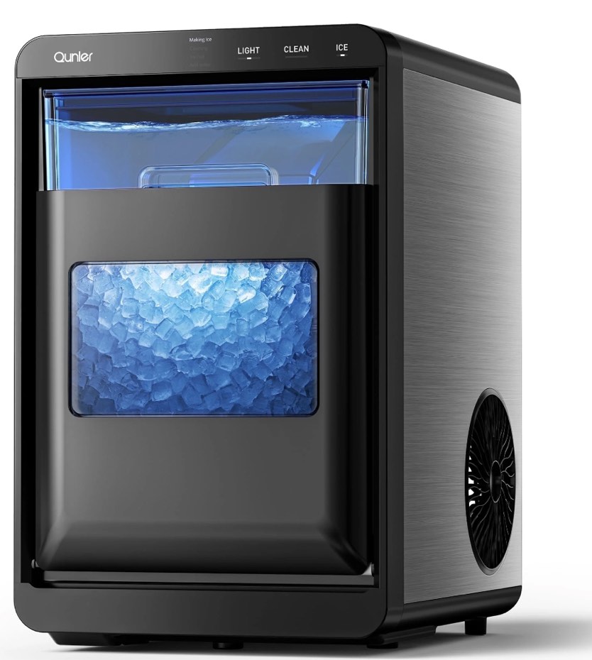 Qunler Nugget Ice Maker Countertop, 44lbs per Day Chewable Pebble Nugget Ice Machine with Touch Screen for Home, Kitchen, Office, Stainless Steel, Black