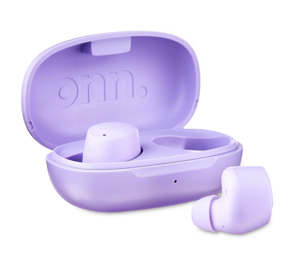 onn. in-ear bluetooth wireless earphones with charging case lilac