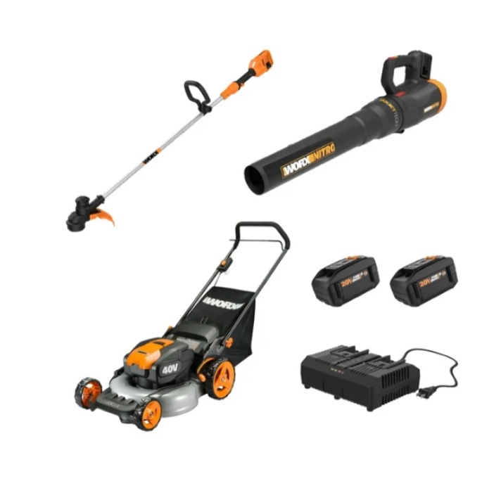 worx nitro 40v cordless 3-in-1 combo kit - blower, 13" trimmer, 20" push mower