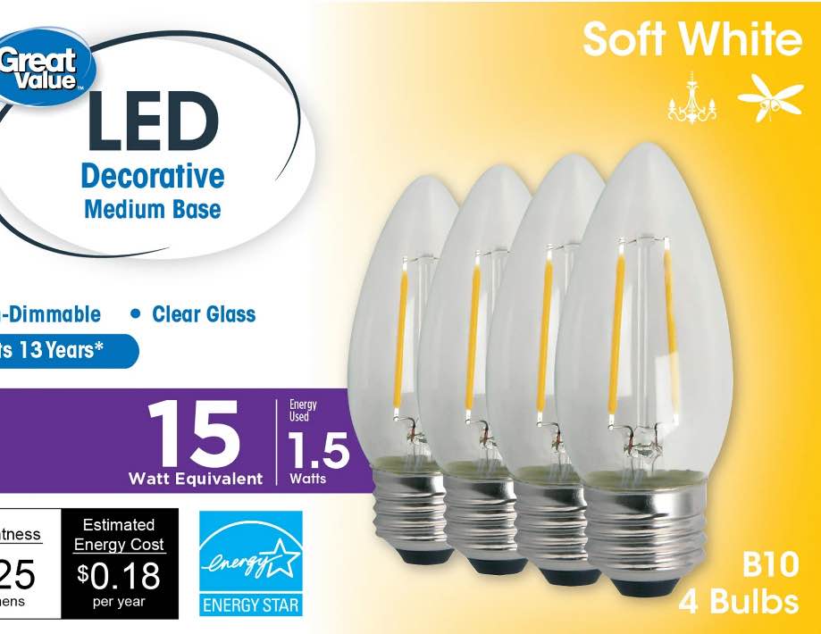 Great Value LED Light Bulb  1.5 Watts (15W Equivalent) B10 Deco Lamp E26 Medium Base  Non-dimmable  Soft White  4-Pack