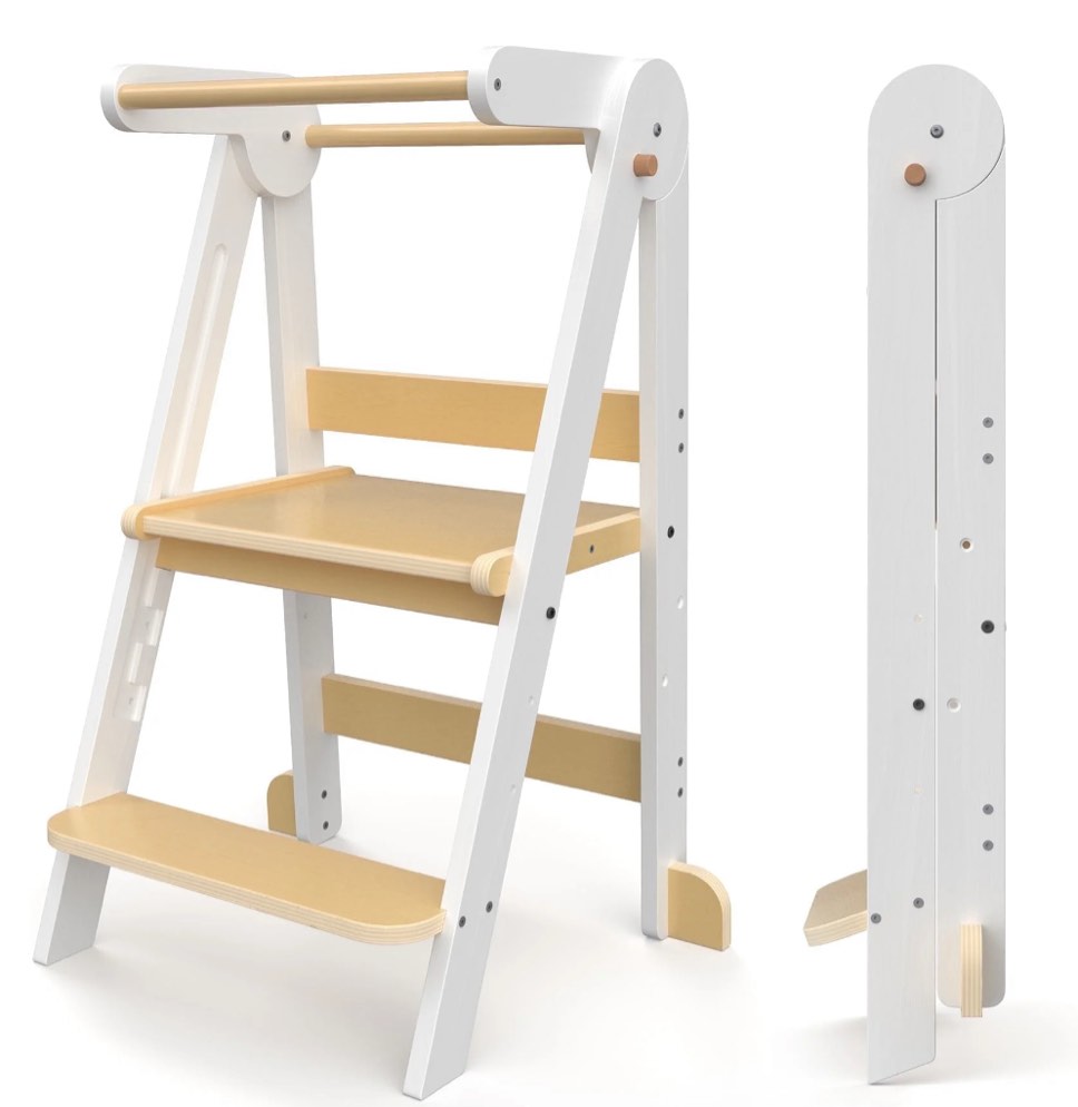 joz kitchen toddlers step stool, montessori kids learning stool, foldable toddler tower for counter, standing helper for children, 3 adjustable heights, wooden, white