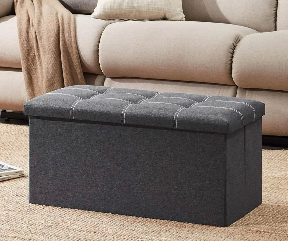 80l storage ottoman, foot rest stool, 30 inch folding footstool bench with storage, short gray ottoman stool, storage foot rest to store books clothes toys