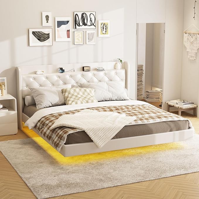 hiphuta king size floating upholstered beds with led lights, velvet leather sturdy platform bed with charging station & button tufted headboard storage, white
