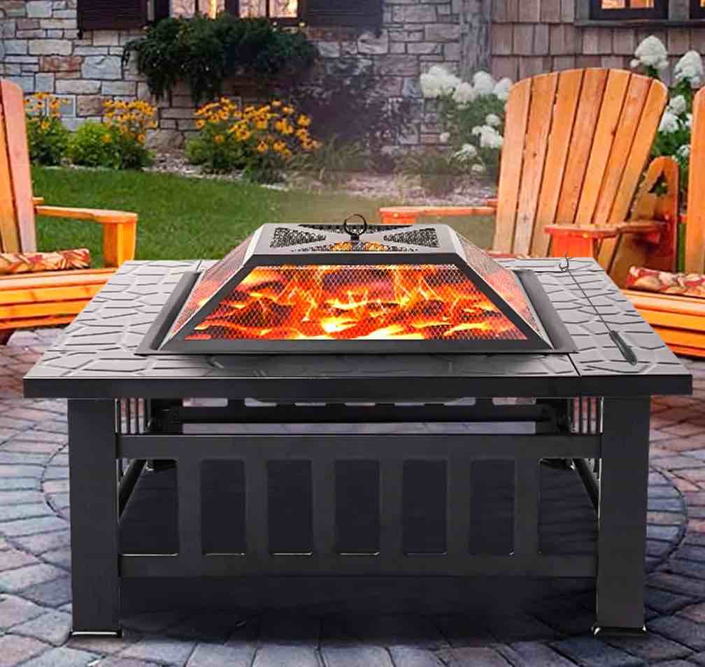 Fire Pits for Outside, 32" Wood Burning Fire Pit Tables with Screen Lid, Poker, BBQ Net, Ice Tray, Food Clip and Cover, Backyard Patio Garden Outdoor Fire Pit/Ice Pit/BBQ Fire Pit, Black