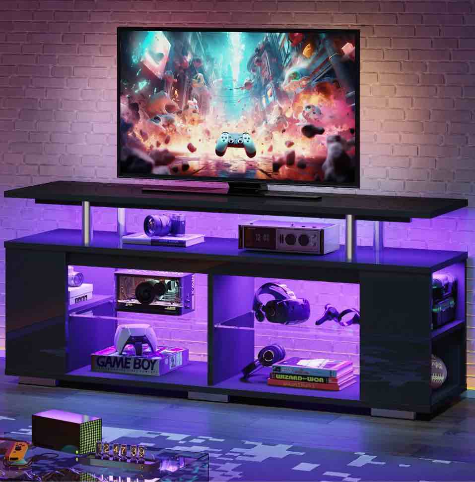 Pinmoco LED TV Stand for TVs up to 70", High Gloss Large Gaming Entertainment Center with Adjustable Shelf PS5 Storage TV Cabinet, Black