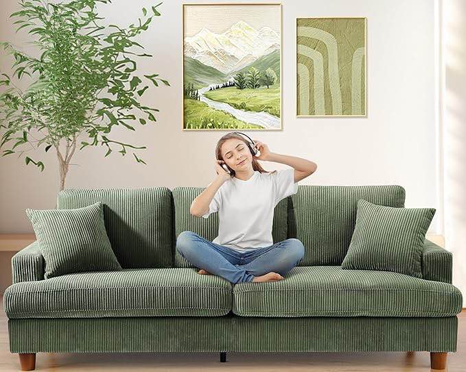 87in Green Sofa, Couches for Living Room 21in Extra Deep Seats, Comfy Corduroy Sofas for Living Room No Tool Assembly, Modern Oversized Love Seat with 2 Pillows, Sofa Couch for Bedroom