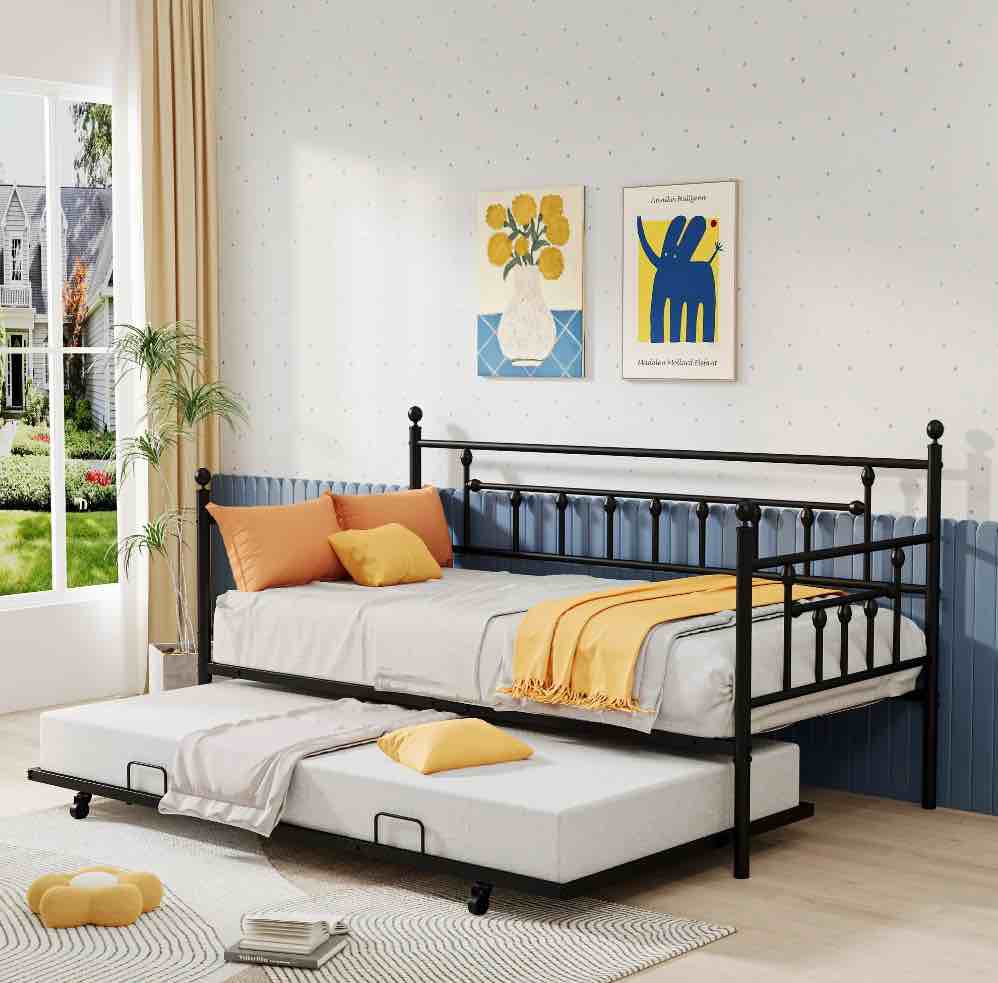 UHOMEPRO Twin Daybed with Trundle Included, Metal Daybed Frame with Pull-Out Trundle Bed, No Box Spring Needed, Twin Size Daybed Sofa Bed for Bedroom Living Room, Black
