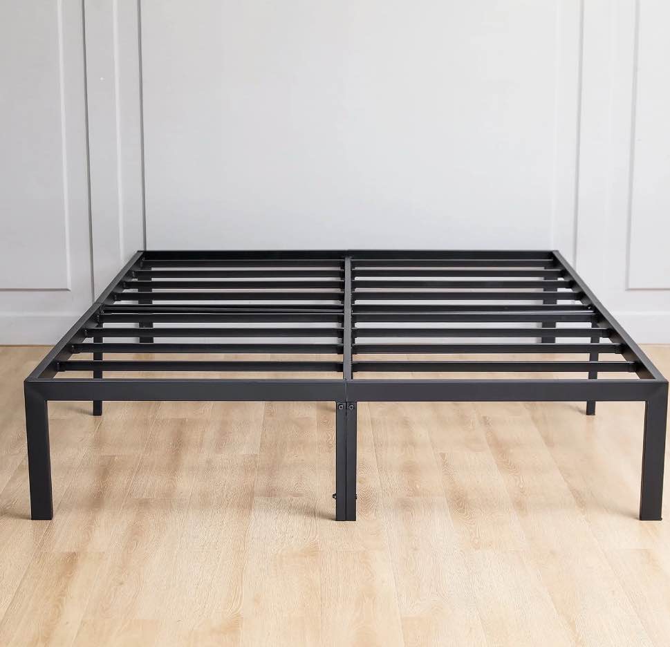 Lusimo Queen Bed Frame 14 inch Heavy Duty Steel Slat Metal Platform Bed Frame No Box Spring Needed Queen Size Non Slip Support Easy Quick Lock Assembly, Black