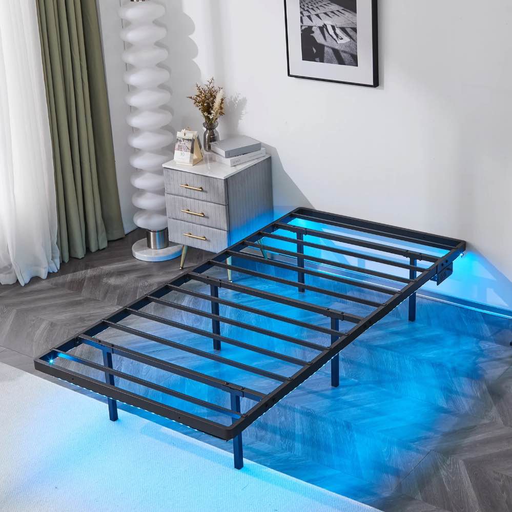 Zimtown Twin 14" Floating Bed Frame with USB Charging and LED Lights, Metal Platform Bed, Black
