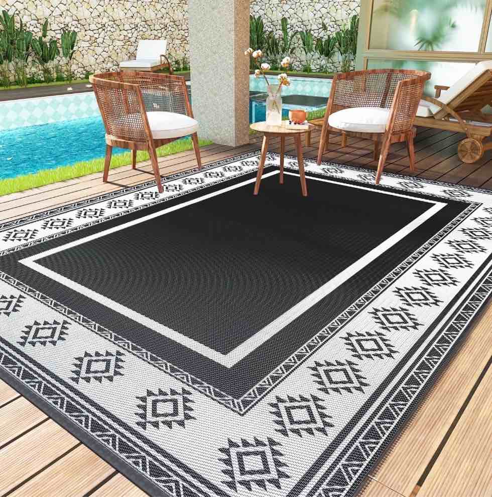 sixhome outdoor rugs 9x12 waterproof reversible black white plastic patio mat, non-slip durable moroccan geometric design for camping, rv, balcony, porch, picnic
