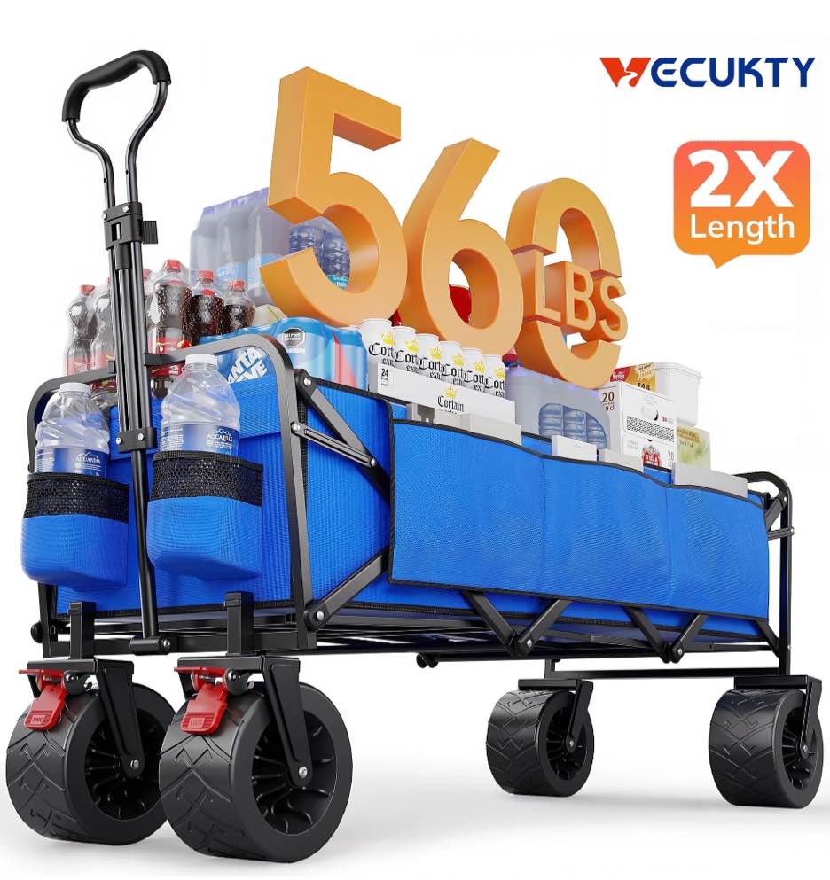 vecukty 51.2" large collapsible folding wagon cart, 560 lbs load capacity, heavy-duty steel frame & oversized wheels for grocery shopping, camping, sports, moving – blue