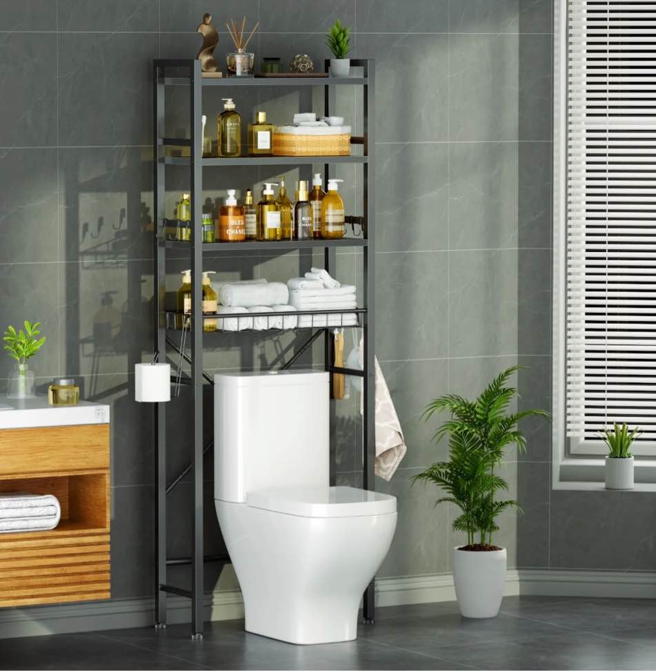 capri over the toilet storage, 4-tier freestanding bathroom shelf, above toilet space saver rack, black