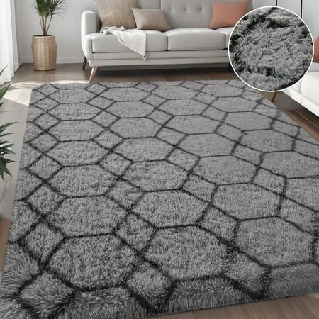 nefoso shag geometric area rug, 8ft x 10ft soft fluffy area rugs for living room bedroom decor carpet, gray & black