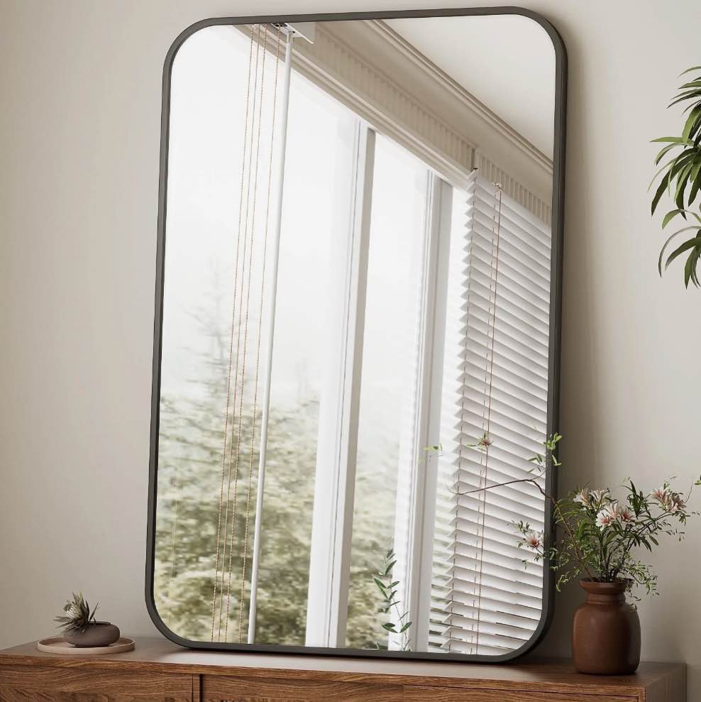 beautypeak 24"x36" wall mirror rounded corners hanging vanity mirror black