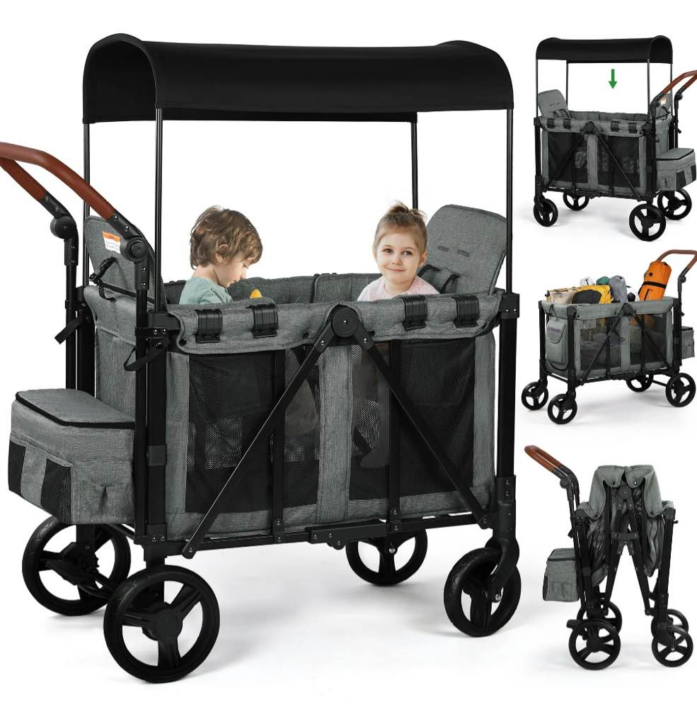 vomeast wagon stroller for 2 kids, 3-in-1 wagon stroller with canopy, 5-point harness, adjustable handlebars, removable seat for toddlers, grey