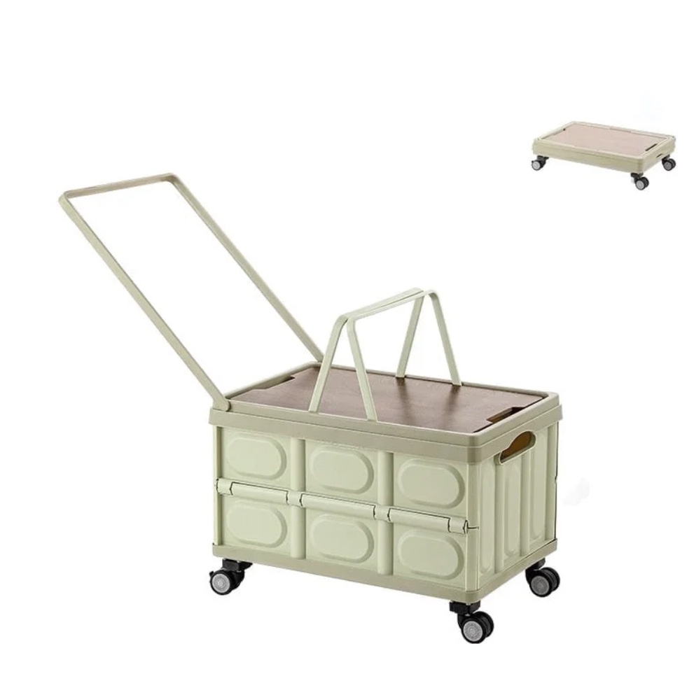 Rolling Crate Cart with Wheels, RLUETIME Collapsible Rolling Storage Bin with Wooden Cover, Foldable Utility Cart with Wheels for Picnic Camp Outdoor , 55L?Green