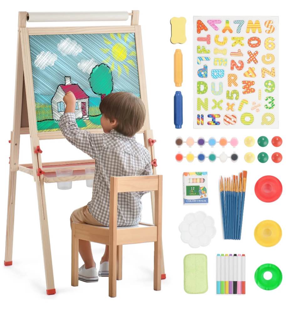 Art Easel for Kids with Paper Roll, Adjustable Double Side Art Drawing Standing Chalkboard for Toddlers 3-12, Boy & Girls Wooden Gift & Art Supplies for Toddler