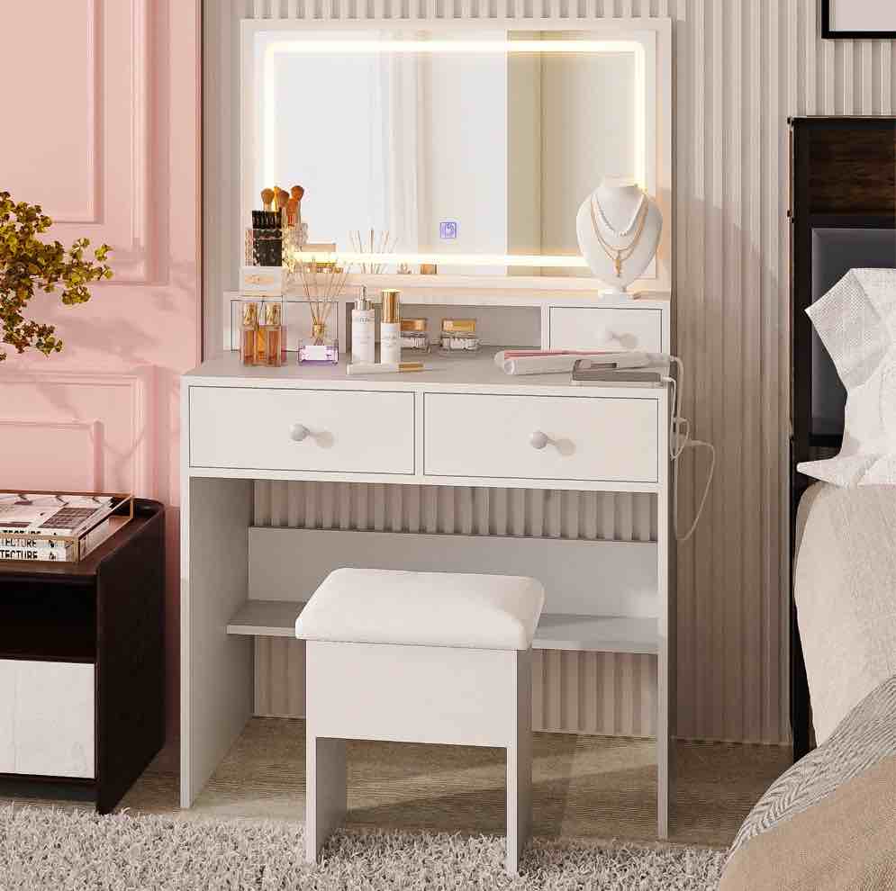 VIRNAZ Vanity Set with Large Lighted Mirror & Power Outlet, Makeup Vanity Table Desk Chair Set for Bedroom, White
