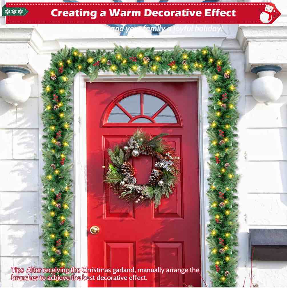 Yexmas 9ft Large Christmas Garland, Multi-Purpose Xmas Wreath with 45 LED Lights, Decorated with Pinecones, Berry Clusters, Battery Operated