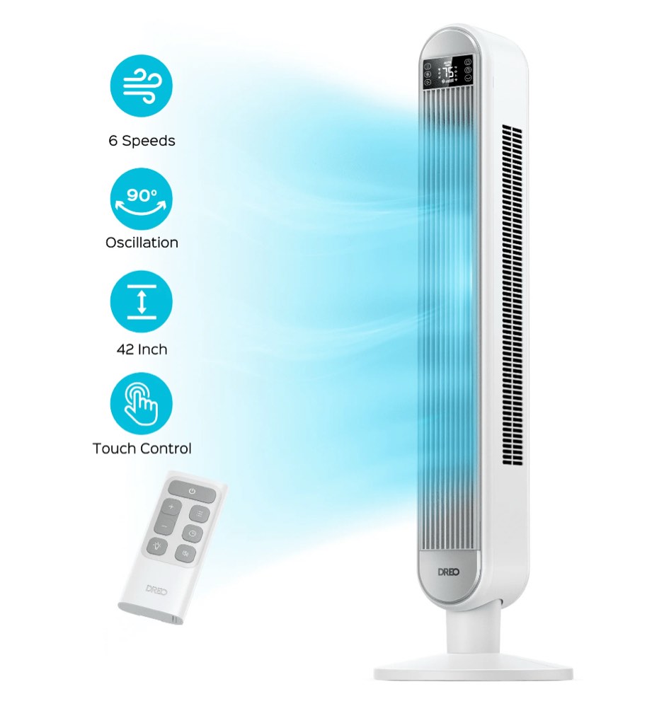 Dreo Tower Fan for Bedroom, 42 Inch Bladeless Fan, 90° Oscillating Fan, Quiet Floor Fan with Remote, LED, 6 Speeds, 4 Modes, 12H Timer, Standing Fans for Home Living Room Office, White