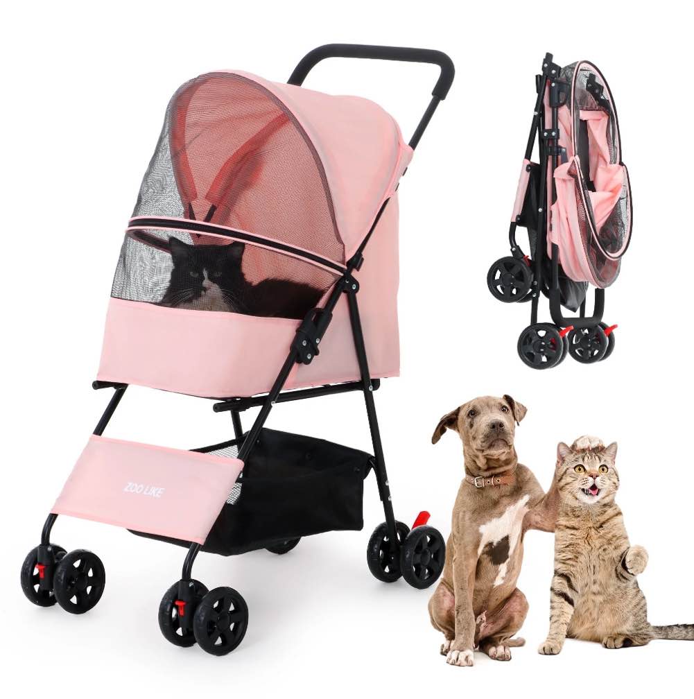 zoolike pet stroller for cats and dogs, 4-wheeled foldable travel carrier with storage basket, pink