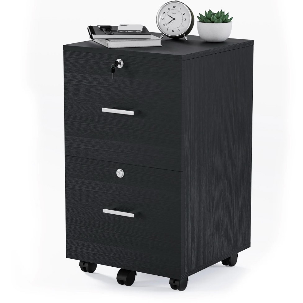ktaxon 2-drawer rolling wood file cabinet with lock, portable vertical mobile wooden storage, business filing cabinet for home office,black