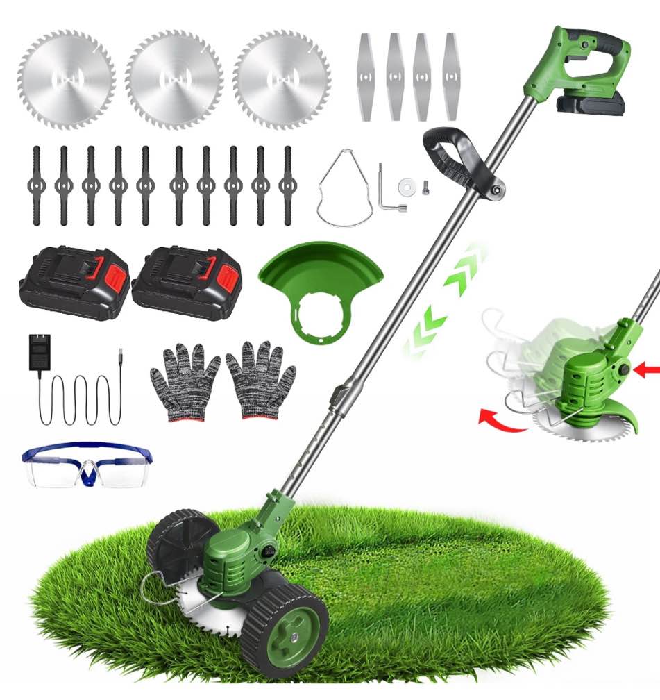 the latest small portable cordless electric lawn mower/lawn cutter with 2 high-capacity lithium batteries and 3 types of blades, many gifts, multi-function weed cutter for yard and garden(green)