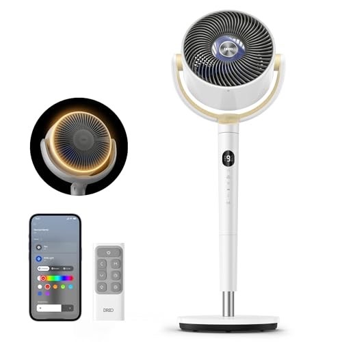 dreo smart fan for bedroom, 120° +120° omni-directional oscillating fans, 90ft quiet pedestal fan with rgb light, 9 speeds, 6 modes, 20db, 8h timer, wi-fi/voice/alexa, 37-42" floor fans with remote