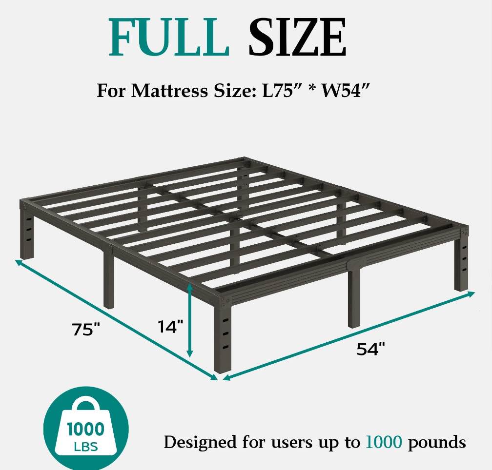 fschos 14 inch full size bed frame, heavy duty metal platform, no box spring needed, easy assembly, black