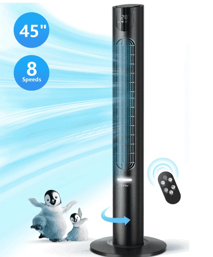 qunler 45" tower fan with remote, 8 speed , 4 modes, 12h timer, oscillation, standing  fan for bedroom, office, home, blacem