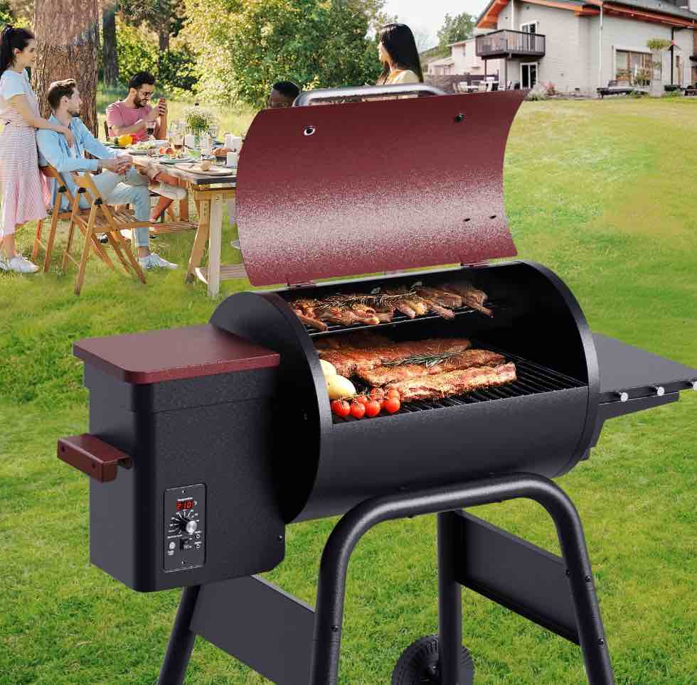 vipuse electric wood pellet grill & smoker with side shelf, 456 sq.in grill capacity with pid temperature control (180-425°f) for backyard camping bake and roast, burgundy with cover
