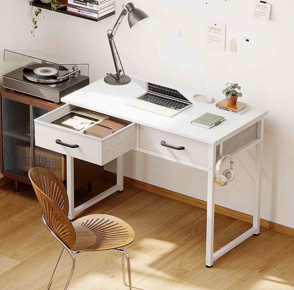 Casacomoda 32 Inch Writing Desk with 2 Fabric Drawers, Modern Study Table with Storage for Student/Kids, Small Computer Desk for Small Space, Home Office Desk, Pure White