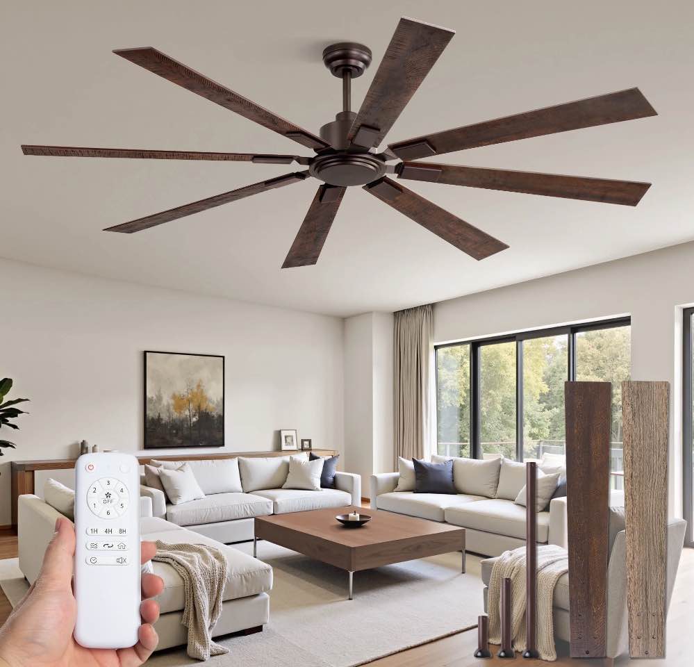 Zardon 72 inch Modern Ceiling Fan No Light with Remote Control, Indoor Outdoor Ceiling Fan without Light for Dining Room, Living Room, Garage, Patio, 6-Speed Ultra-Quiet DC Motor, 8 Blades, Bronze