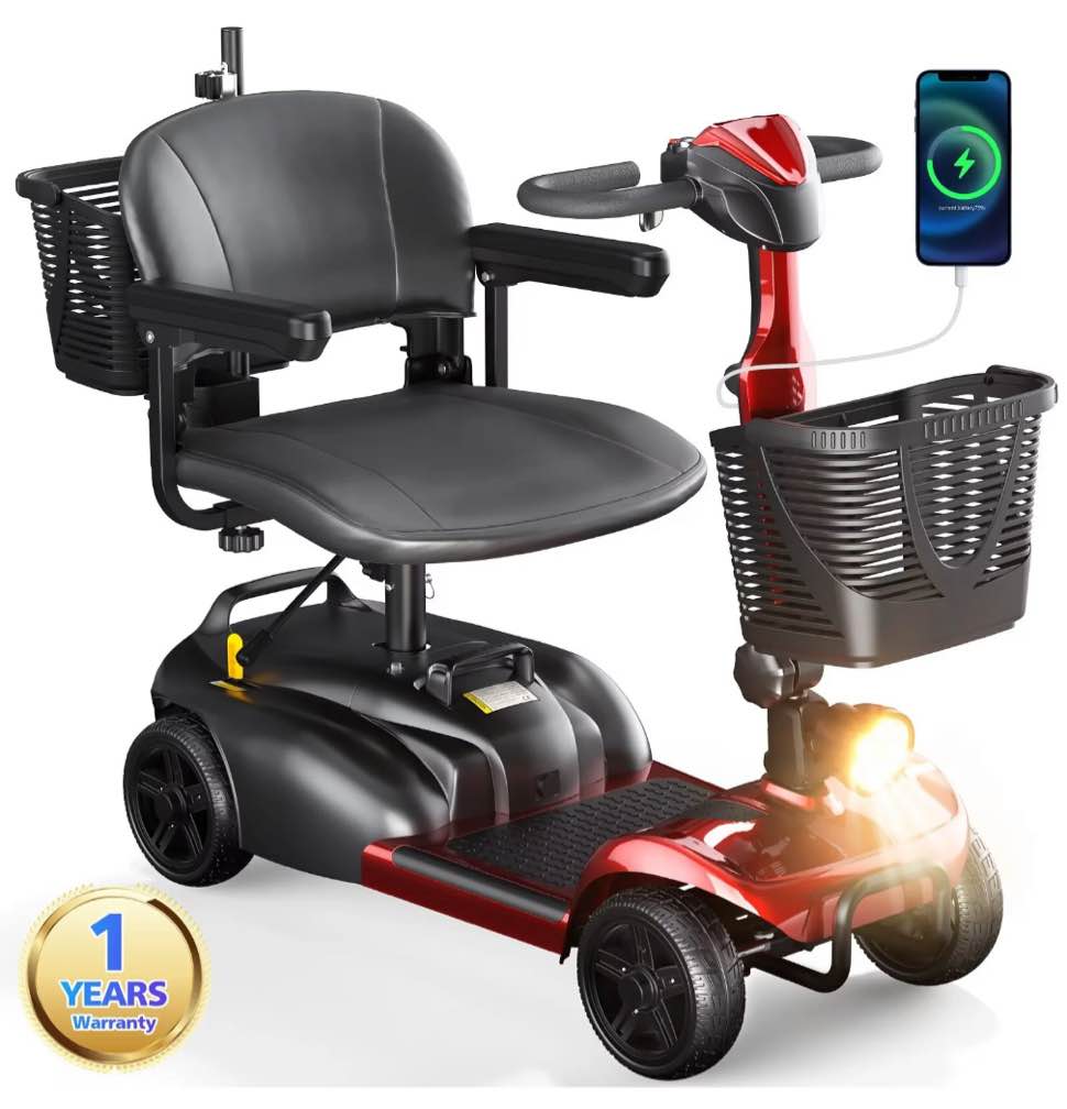 SACVON 4 Wheels Mobility Scooter with Cane Holder for Seniors, Electric Folding Wheelchair Device for Travel, Red