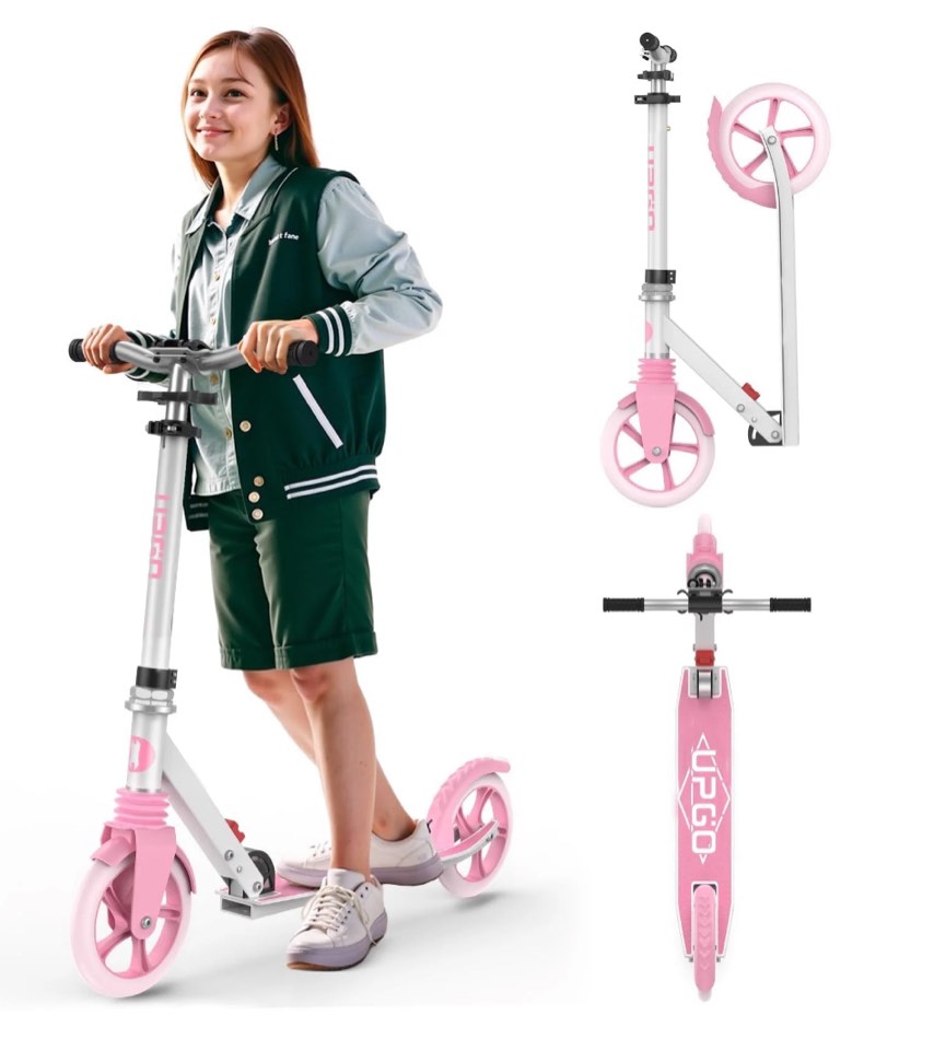 UPGO Kick Scooter for Ages 6+, Kids, Teens & Adults, 240 lb Max Load, Foldable, 8-Inch Wheels, Pink