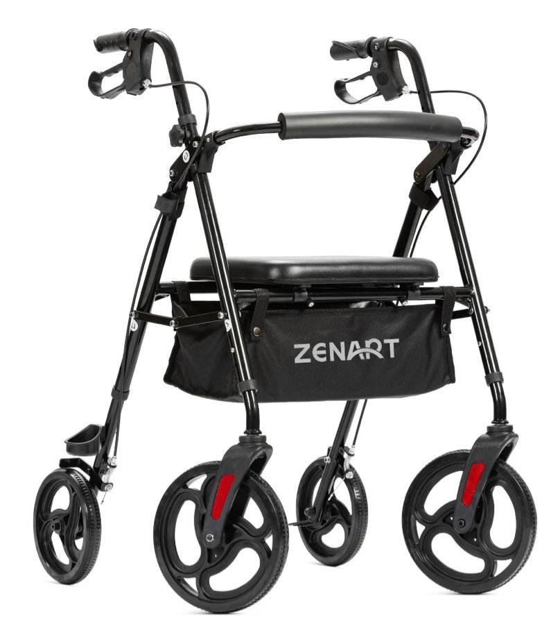 ZENART Mobility Rollator Walker for Seniors Adult with Adjustable Seat and 10" Wheels, Black