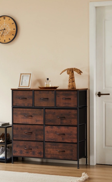 EDX 9 Drawer Dresser, Wide Chest of Drawers Nightstand Storage Tower Storage Fabric Dresser with Wood Top for Living Room, Bedroom, Hallway,Rustic Brown