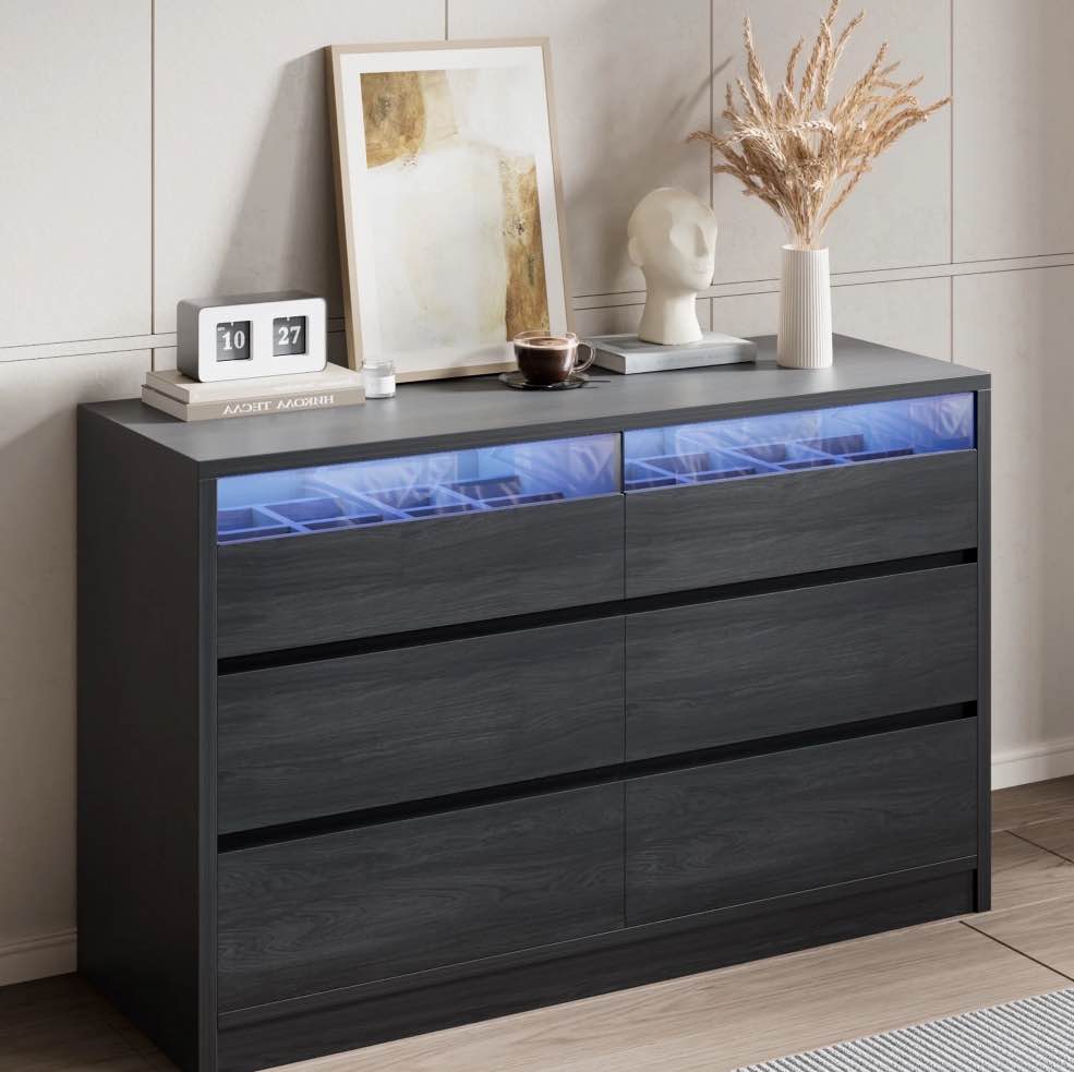 Anyact LED 6 Drawer Double Dresser for Bedroom, Modern Wood Chest of Drawers for Living Room