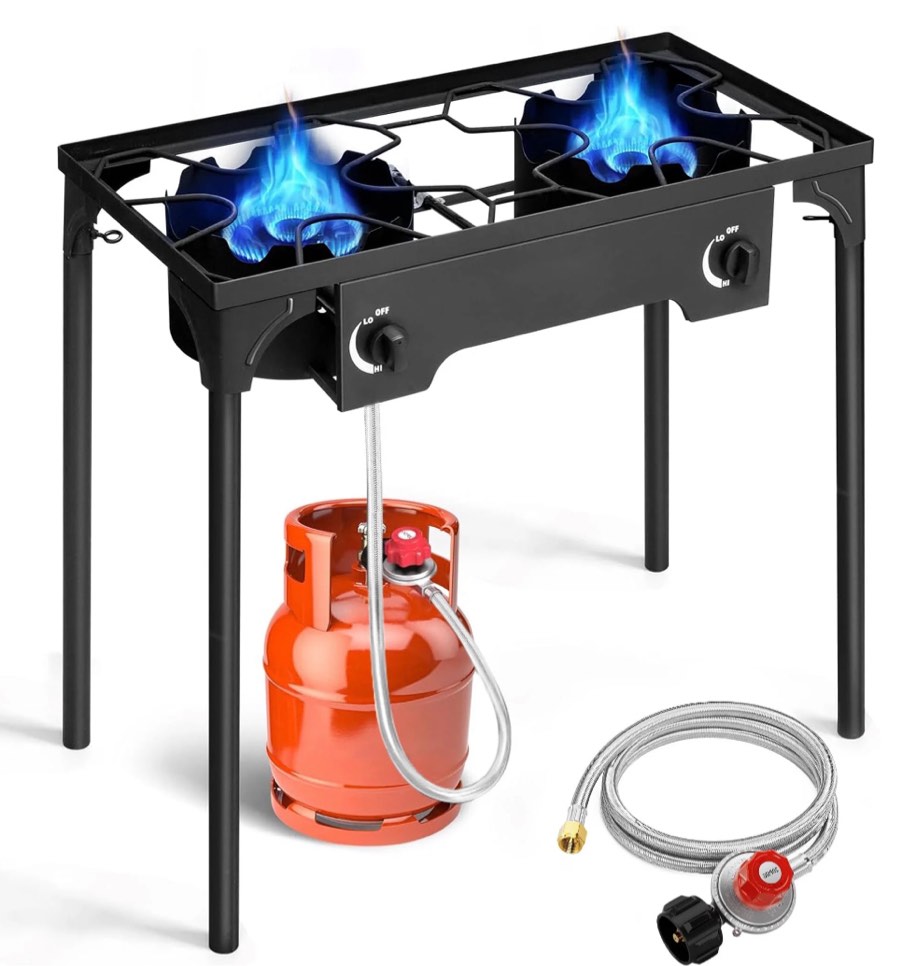 GVDV Outdoor Camping Stove, Double Burners Propane Gas Stove for Cooking BBQ Grill, 150,000-BTU, Black