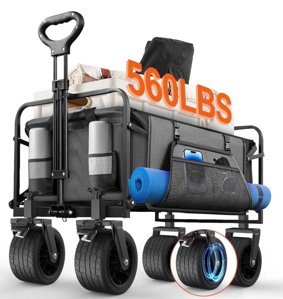 560lbs large collapsible garden cart with brakes, qunler folding utility wagon with big wheels and side pocket for camping, grocery, grey