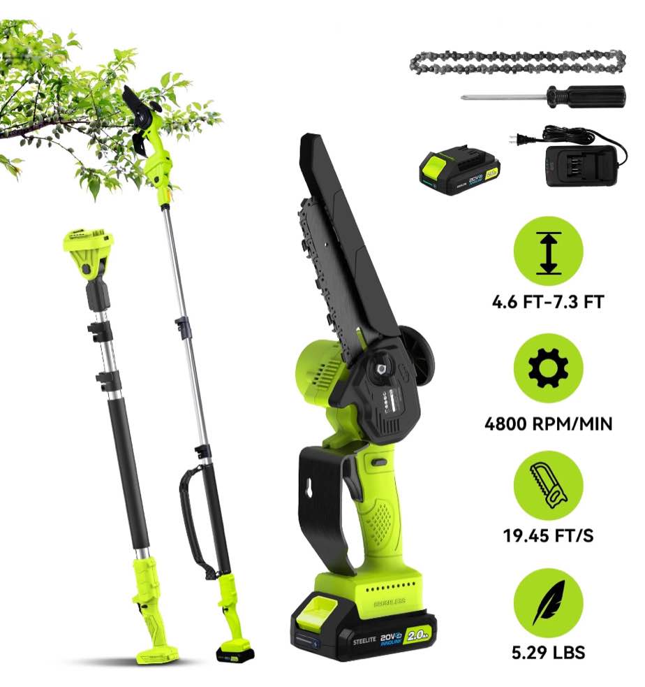 Steelite 2-in-1 Cordless Pole Saw & 6" Electric Mini Chainsaw,21V 2.0 Ah Battery Powered Brushless Pole Chainsaw ,13 FT Max Reach for Tree Trimming,5.29 lbs Lightweight,with Replacement Chain