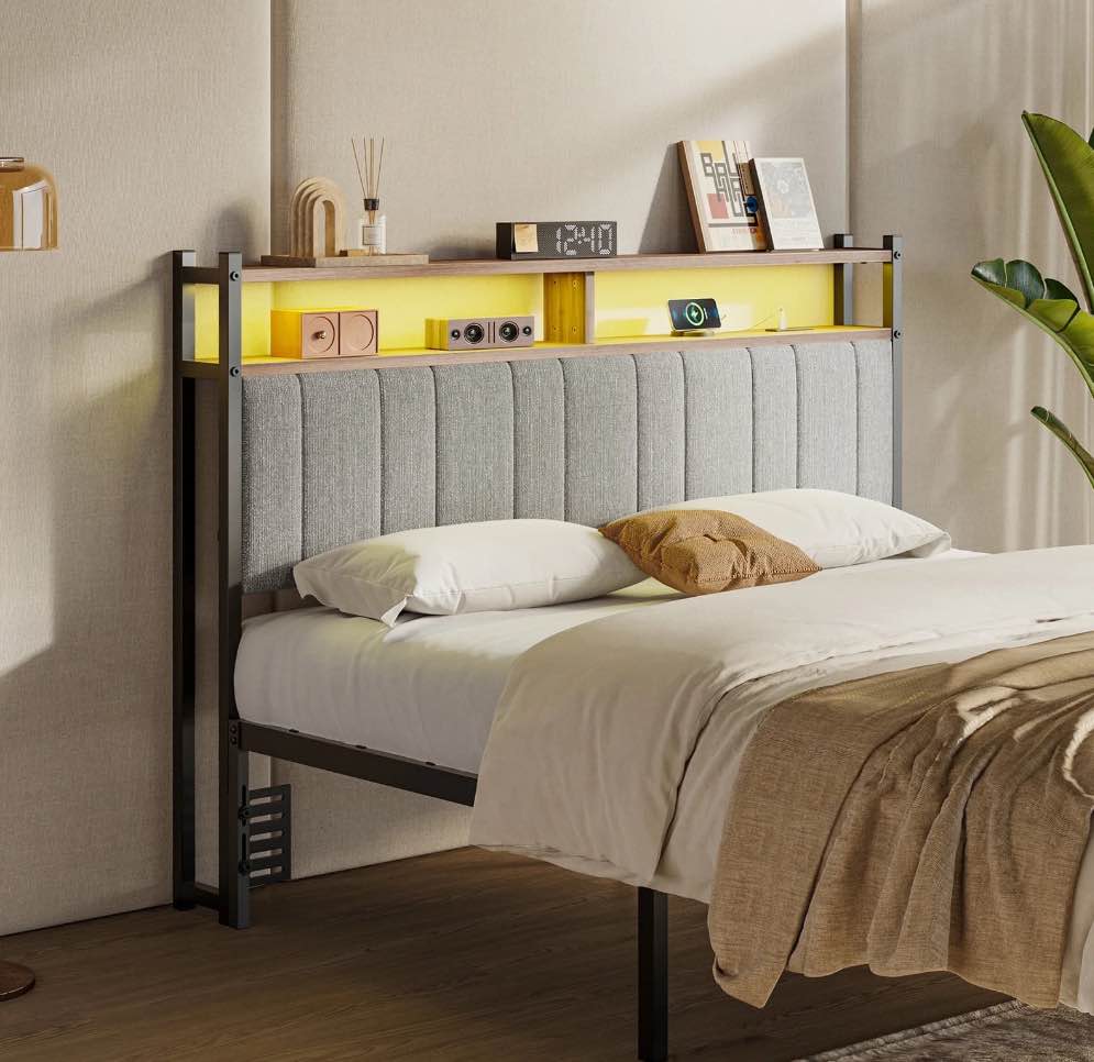 Pinmoco Headboard for Queen Size Bed with Storage, Linen Upholstered Head Board with LED Light and Charging Station, Gray, Headboard Only