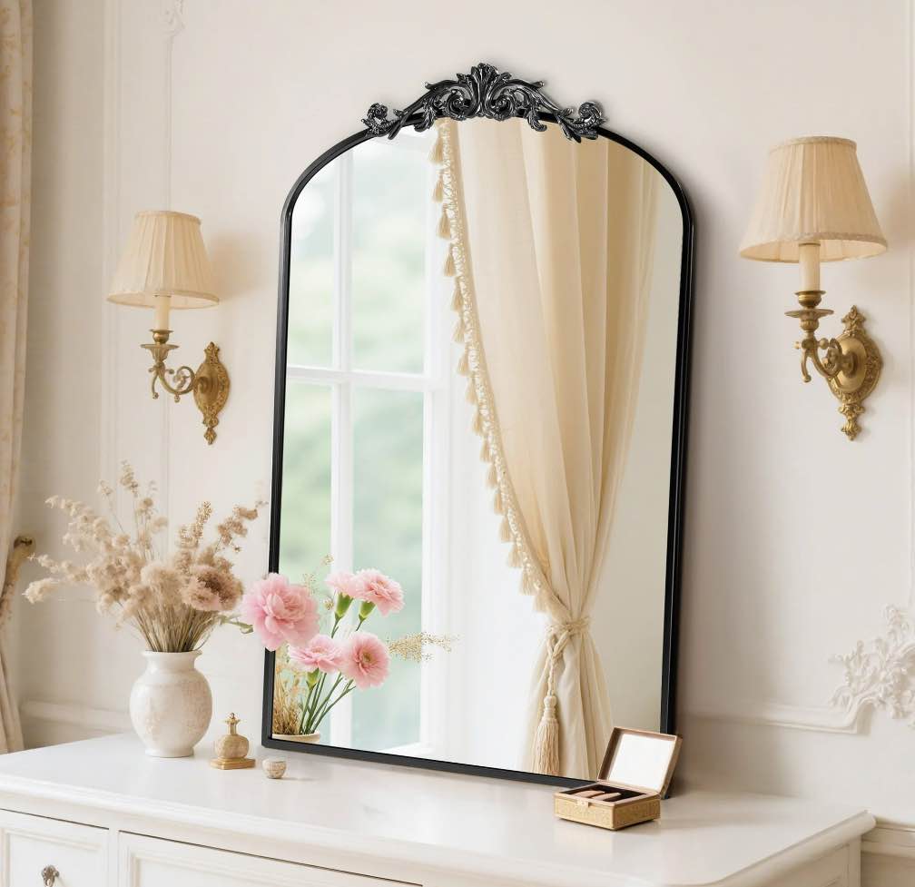 EDX 24" x 36" Antique Arched Mirror, Vintage Aluminium Thin Frame, Wall Decor for Bathroom, Black