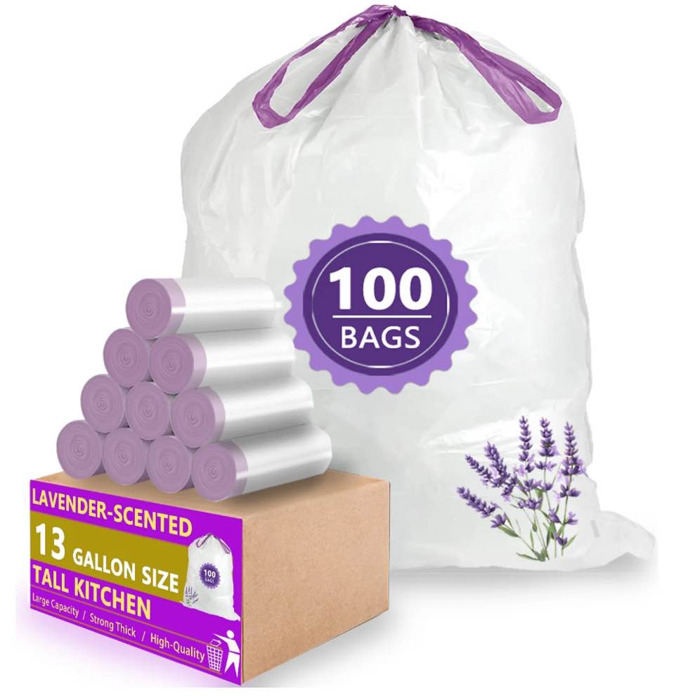 13 gallon trash bags lavender scented (100 count), tall kitchen drawstring garbage bags 10-13 gallon, high density bags (white)