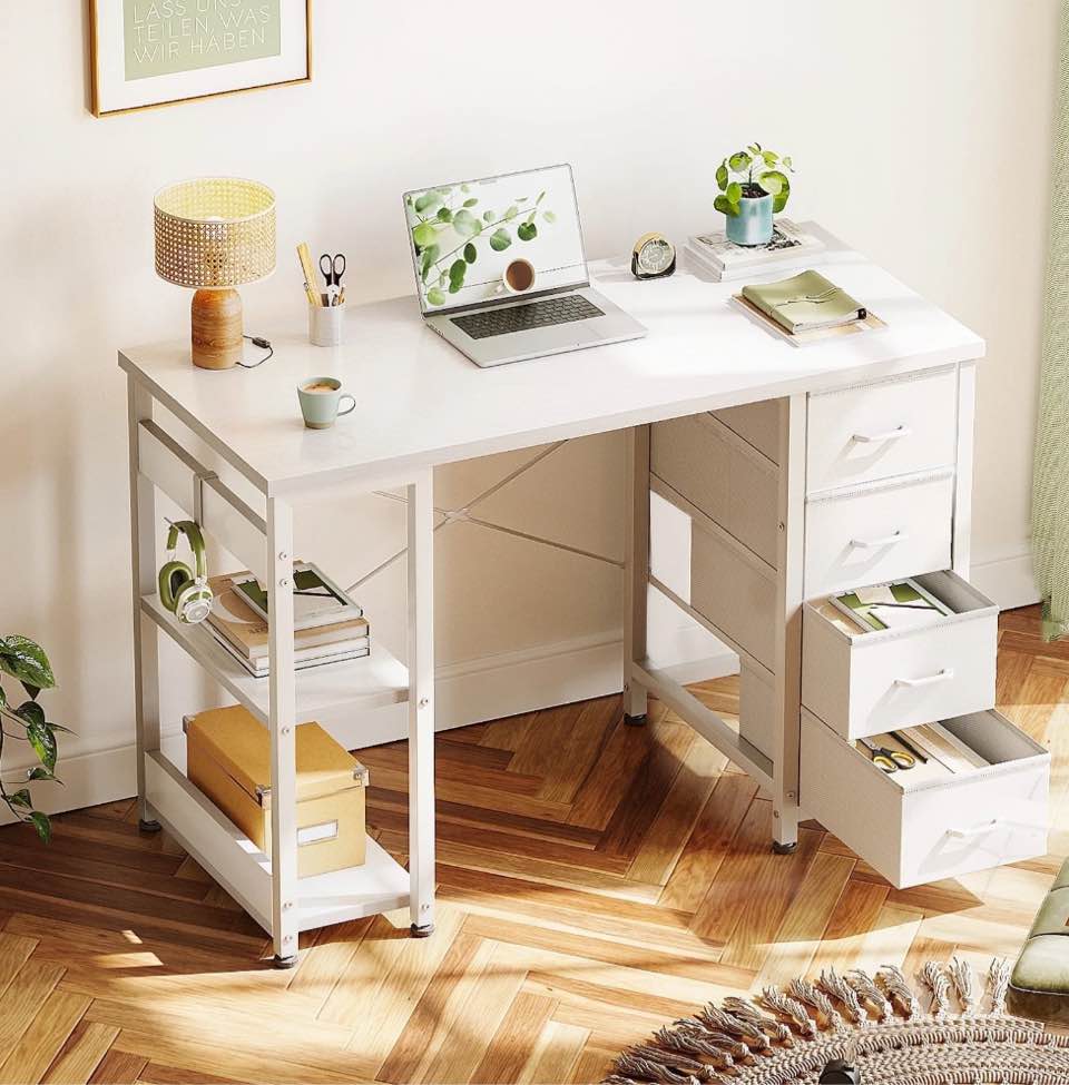 casacomoda computer desk with drawers & storage shelves, 40 inch corner desk for home office bedroom, small teen pc desks with fabric drawer, white