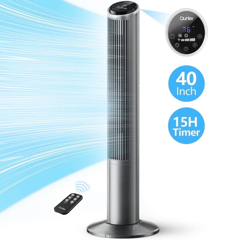 Qunler Tower Fan with Remote, 40" Bladeless Fan for Home, 70° Oscillation, 3 Speeds, 2 Modes, 15H Timer Quiet AC Motor Floor Fan for Bedroom, Office, Gray