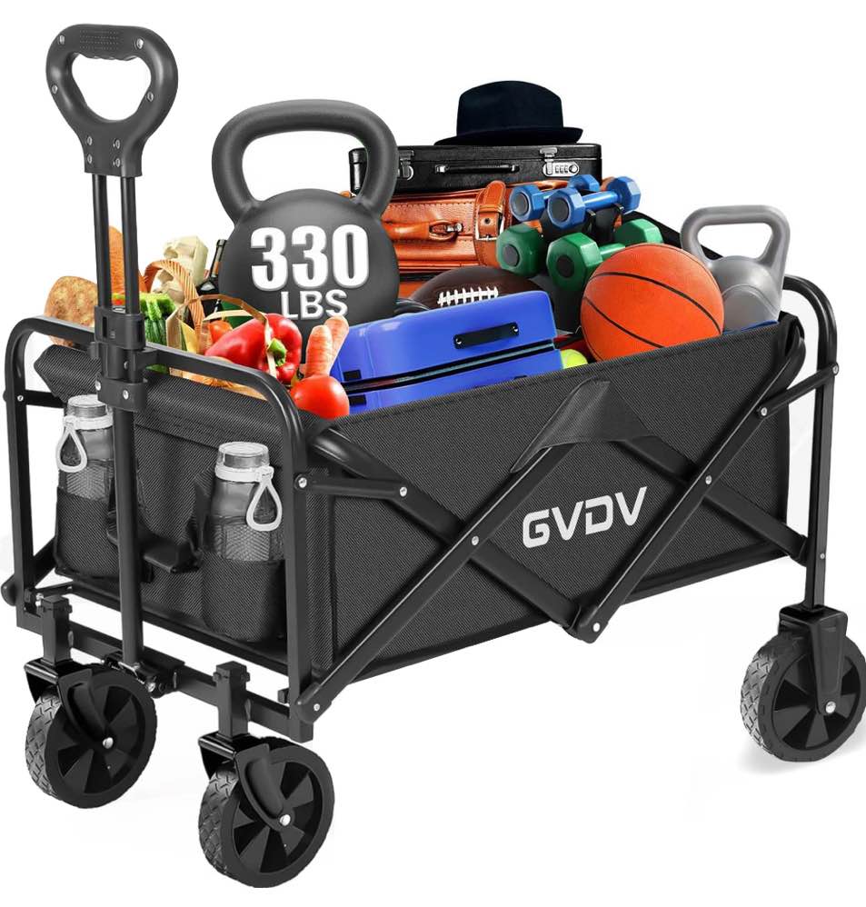 GVDV Collapsible Wagon Cart, Portable Utility Wagon for Camping, Beach, Picnic, Shopping, Sports, and Grocery Transport, Black