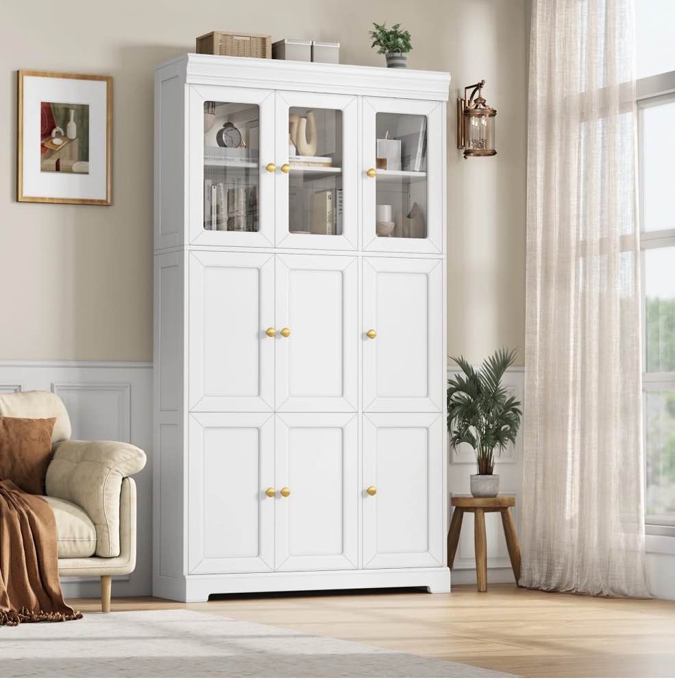 Hiphuta 71"Tall Bookcases with Doors, Elegant Book Storage Cabinet with Tempered Glass Doors, Large Bookcase for Adult Home Office Living Room, White