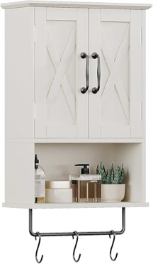 RUSTOWN Farmhouse Rustic Medicine Cabinet with Two Barn Door,Wood Wall Mounted Storage Cabinet with Adjustable Shelf and Towel Bar, 3-Tier Cabinet for Bathroom, Living Room(Vintage White)